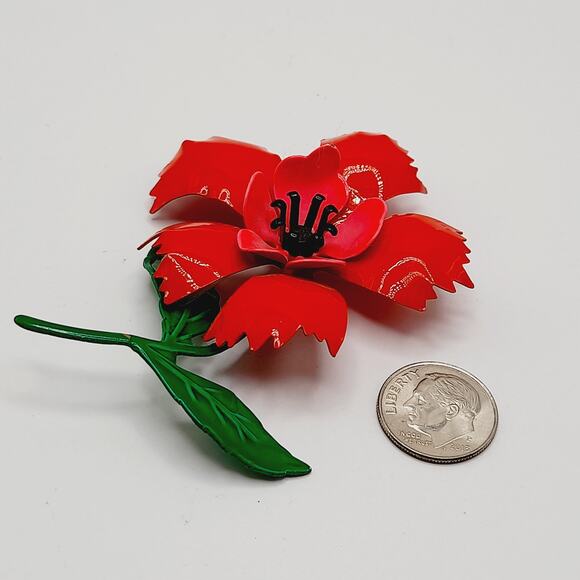 Vintage 1960s Red Green Enamel Flower Brooch - Picture 8 of 10